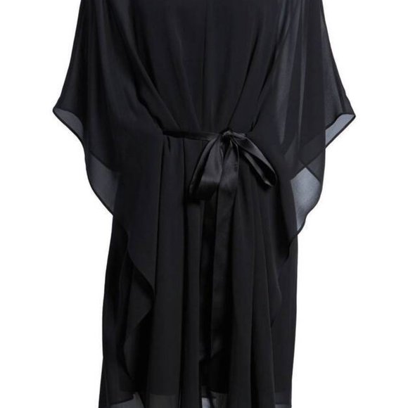 NWT Eileen Fisher Black Sheer Silk Georgette V-Neck Caftan Dress - Picture 6 of 10